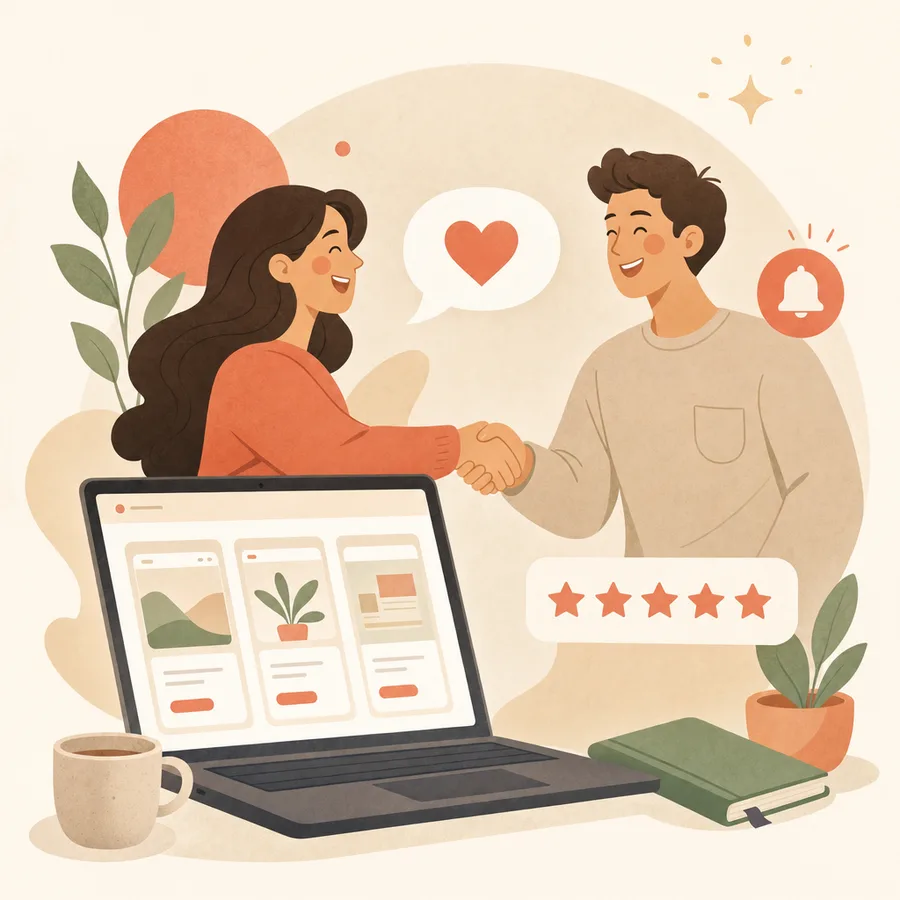 ネット上でクライアントとつながり、最初の案件を受注するイメージのイラスト