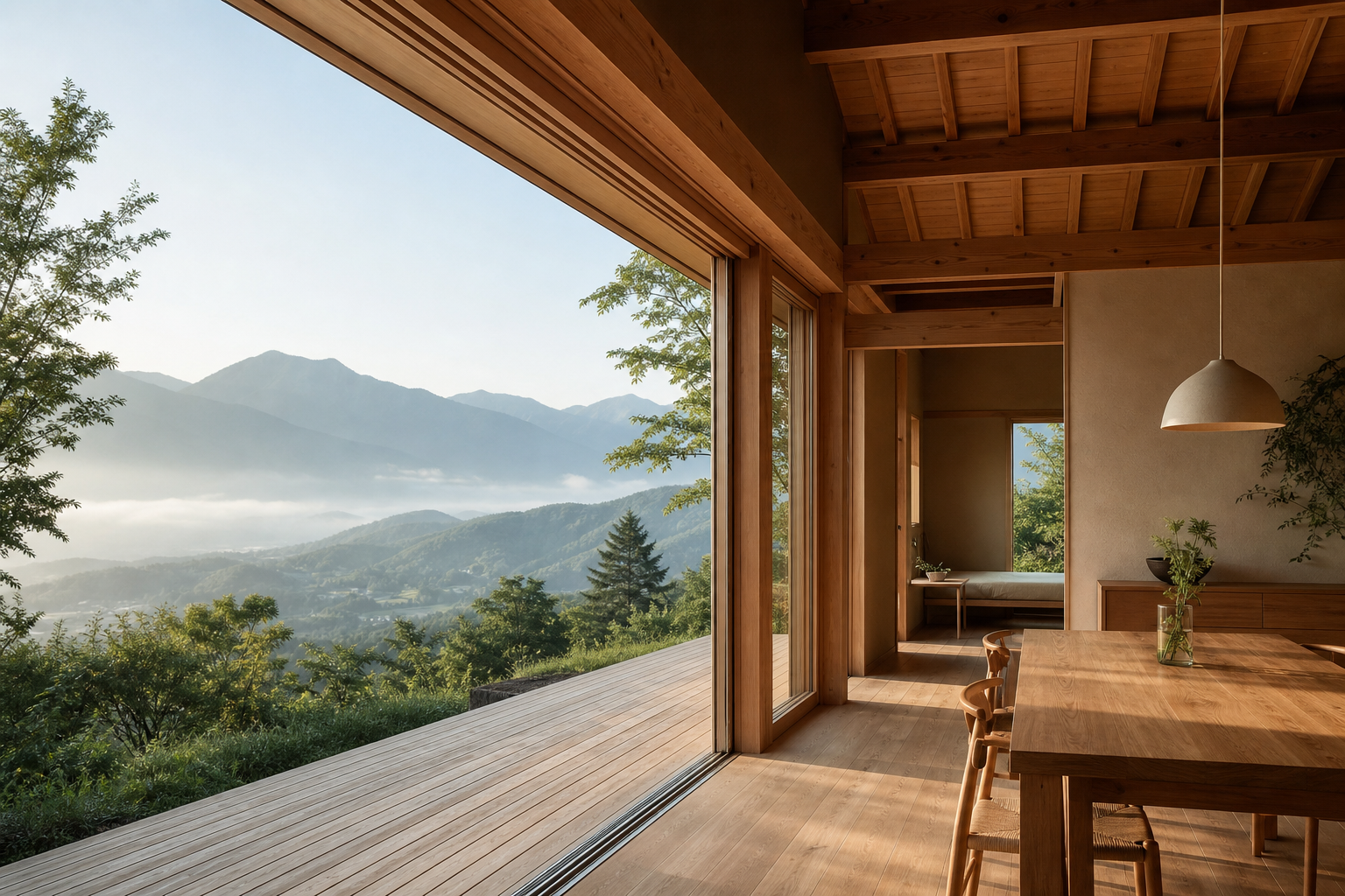 山並みを望む木の住まいの室内