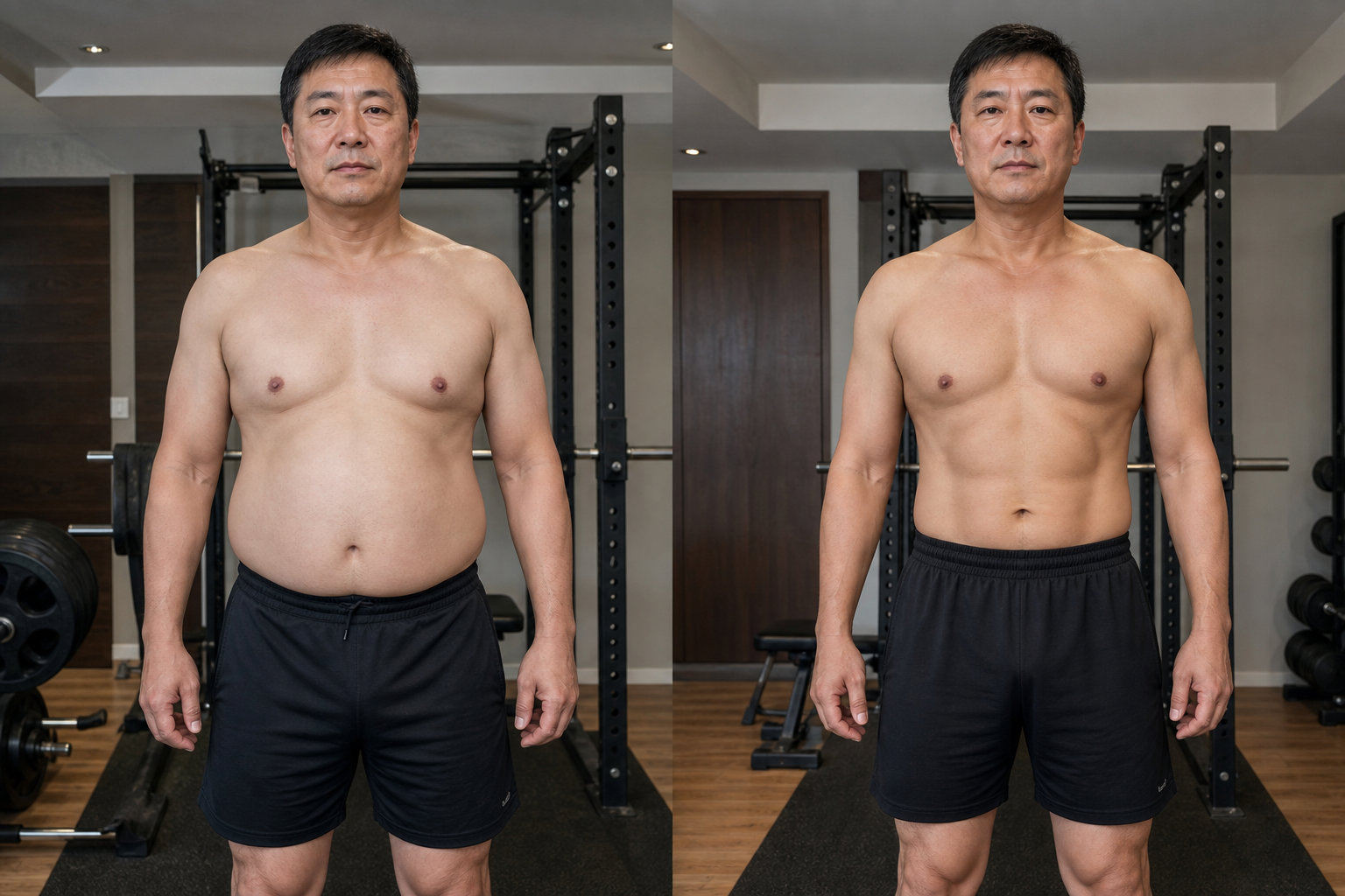 50代男性のトレーニング前後の比較。左が開始時、右が3ヶ月後で体型が引き締まっている