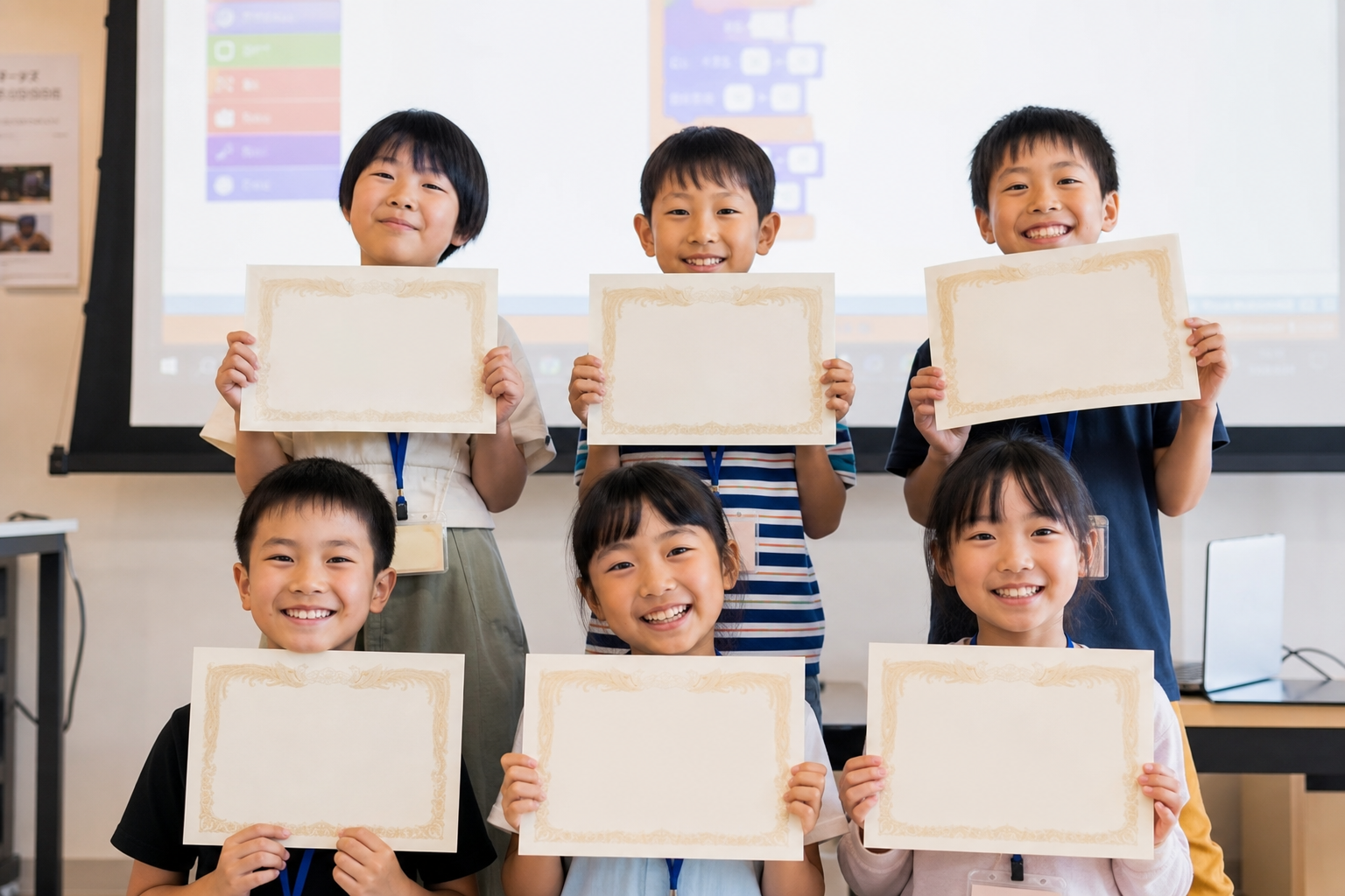 発表会で作品を紹介し表彰状を持つ子どもたち