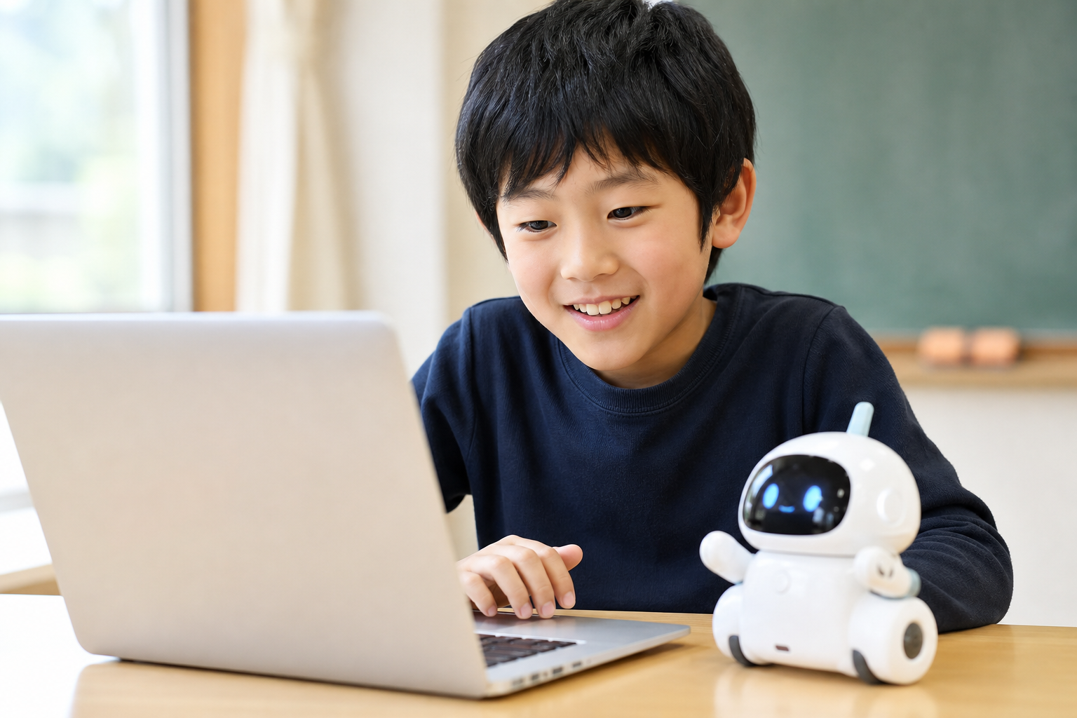 ロボット教材とノートPCで学ぶ男の子